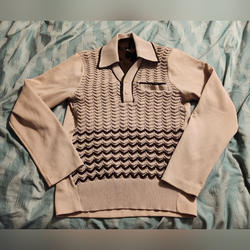 Sears 1970s Cream‎ and Brown Patterned Long Sleeve Polo Shirt Men's Size 42